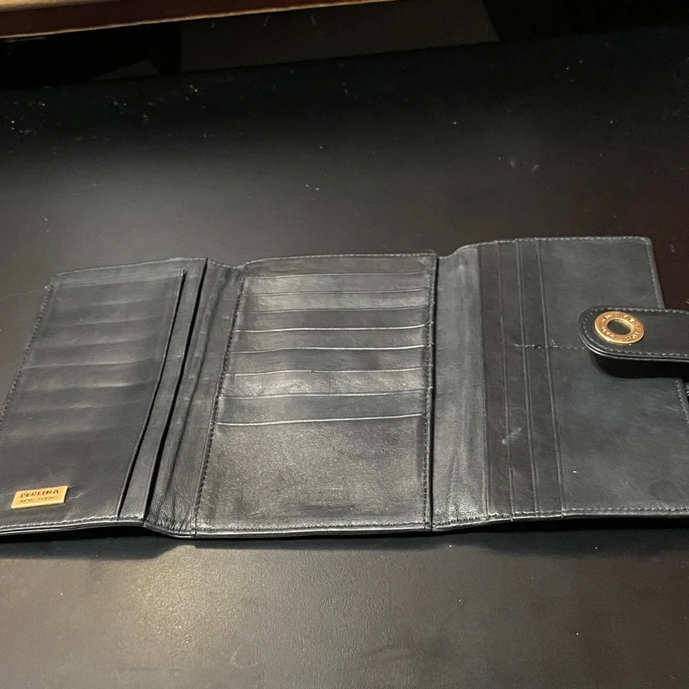 Vintage Perlina New York Black Leather checkbook Wallet with Gold Accent